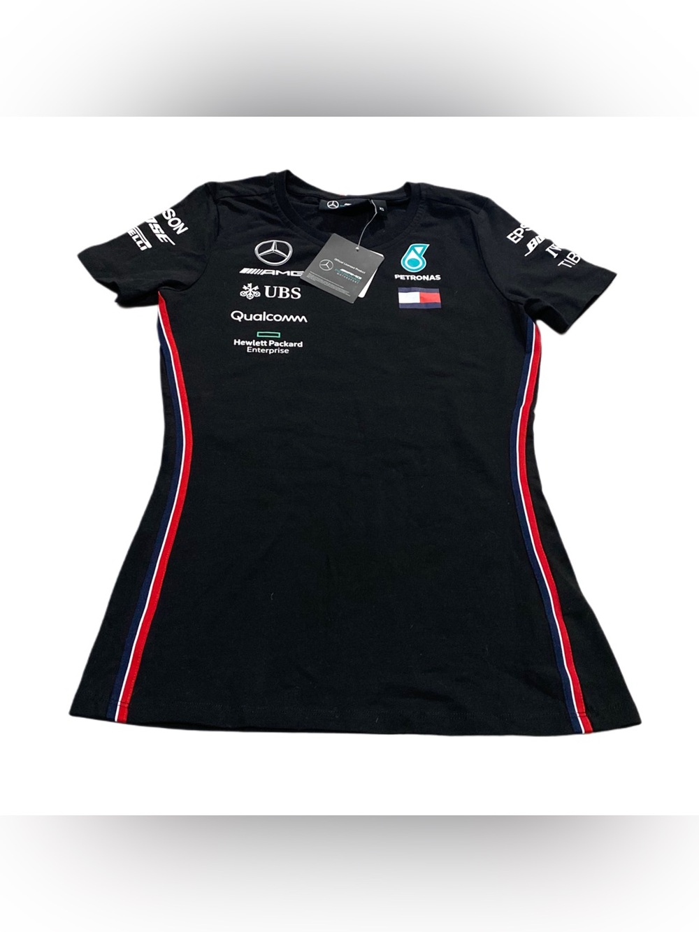 NEW Mercedes AMG Petronas Black Team Tee with Red Trim, Size Women’s XS